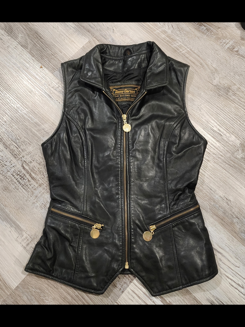 Remi Garson Black Leather Zip-Front Sleeveless Vest